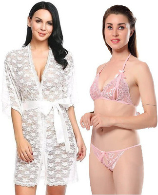 IyaraCollection Women Robe and Lingerie Set(White, Pink)