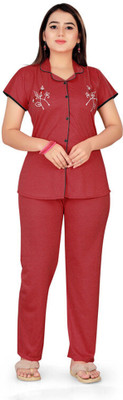 HAUTELOOK Women Printed Red Night Suit Set
