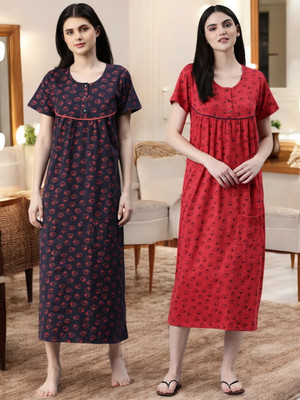 Kryptic Women Nightdress(Dark Blue, Red)