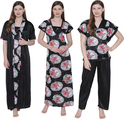 ROWENA Women Nighty Set(Grey, Black)