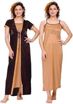 VELEZZA Women Nighty with Robe(Brown)
