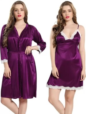 WONDERBELLA Women Nighty with Robe(Purple)