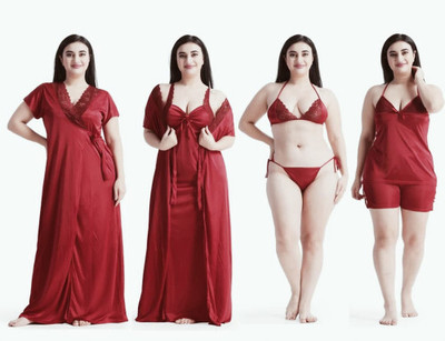 Dreamy Drapes Women Nighty with Robe(Maroon)