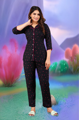 Mukaraniya Women Polka Print Pink, Black Night Suit Set