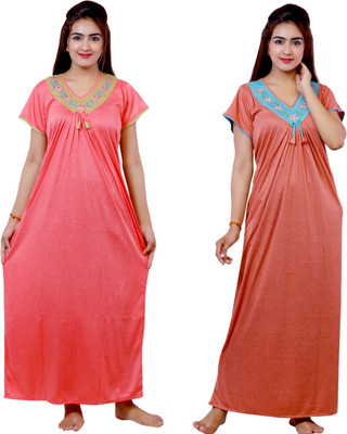 NACNO Women Nighty Set(Pink, Brown)