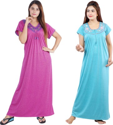 NACNO Women Nighty(Pink, Blue)