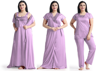 NIGHT KEYS Women Nighty with Robe(Brown)