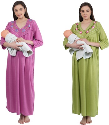 j s fashion Women Maternity/Nursing Nighty(Purple, Green)