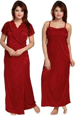 VELEZZA Women Nighty with Robe(Maroon)