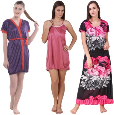 YUALIN CREATION Women Nighty with Robe(Pink)