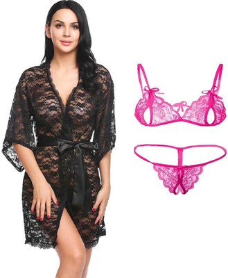 Lovie's Women Robe and Lingerie Set(Black, Pink)