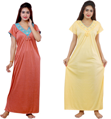 NACNO Women Nighty(Yellow, Maroon)