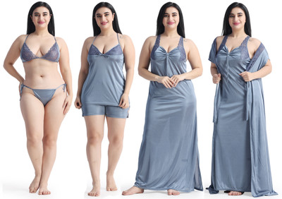 NIGHT KEYS Women Nighty with Robe(Grey)