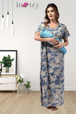 INSTRY Women Maternity/Nursing Nighty(Blue)