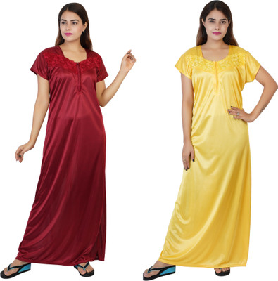 EGET Women Nighty(Maroon, Yellow)