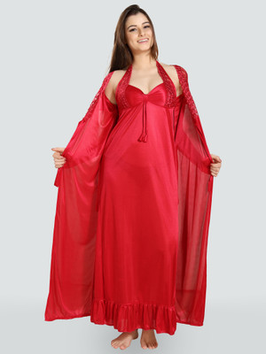 DreamBe Women Nighty with Robe(Red)