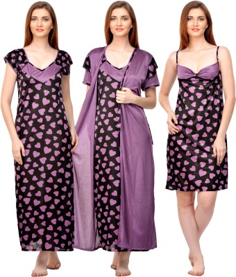 Boosah Women Nighty with Robe(Purple, Black)