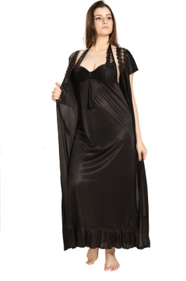 Romaisa Women Nighty with Robe(Black)