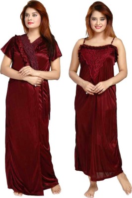 PINK HUB Women Nighty with Robe(Maroon)