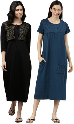Kryptic Women Nightdress(Black, Light Blue)