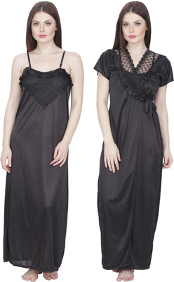 Secret Wish Women Nighty with Robe(Black)