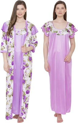 ROWENA Women Nighty with Robe(Purple, White)