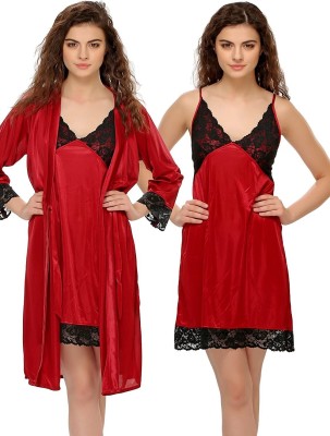 YAZIA Women Nighty with Robe(Red)