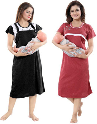 Eladystore Women Maternity/Nursing Nighty(Black, Maroon)