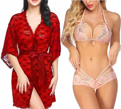 IyaraCollection Women Robe and Lingerie Set(Red, Pink)