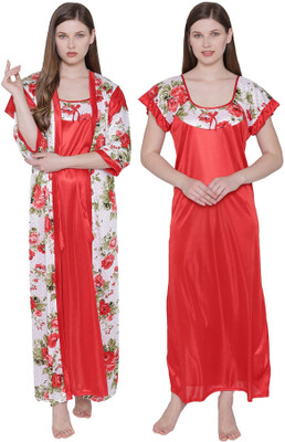 ROWENA Women Nighty with Robe(Red)