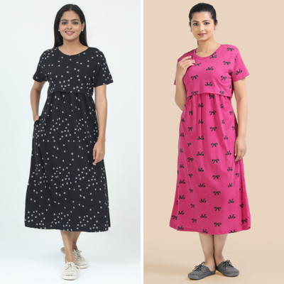 Mayaval Women Maternity/Nursing Nighty(Black, Pink)