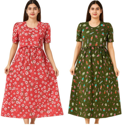 sahana Women Maternity/Nursing Nighty(Red, Green)