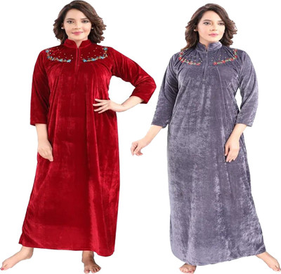 SENSLIFE Women Nighty Set(Maroon, Grey)