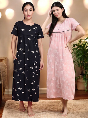 Kryptic Women Nightdress(Pink, Dark Blue)