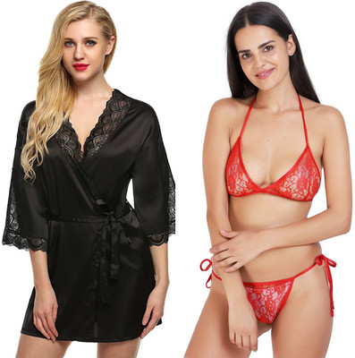 Lovie's Women Robe and Lingerie Set(Black, Red)