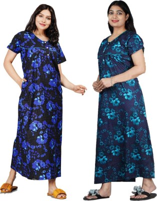 FAVNIC Women Nighty(Dark Blue, Light Green)