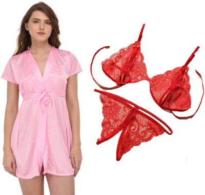 Lovie's Accessories Women Robe and Lingerie Set(Red, Pink)