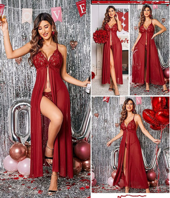GOODNIGHT GLAM Women Nighty Set(Maroon)