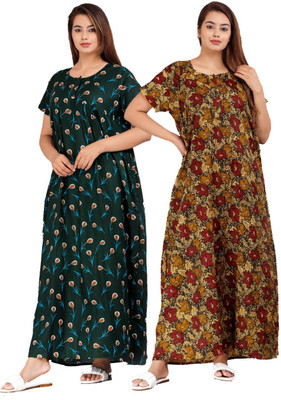 Hans Craft And Art Women Nighty(Green, Brown)