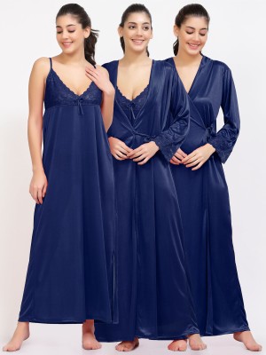 NIGHT KEYS Women Nighty with Robe(Dark Blue)