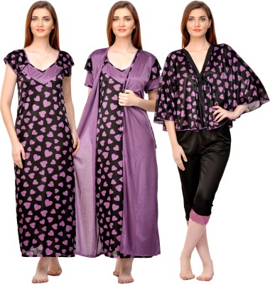 ROWENA Women Nighty with Robe(Purple, Black)