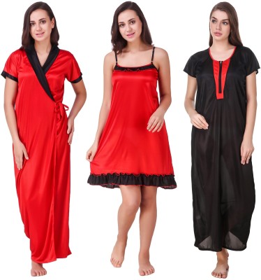 YUALIN CREATION Women Nighty Set(Black, Red)