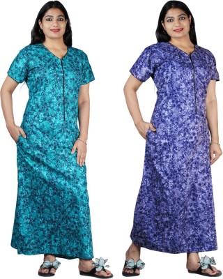 FAVNIC Women Nighty Set(Green, Blue)