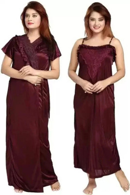 GLOUTO Women Nighty with Robe(Pink, Maroon)