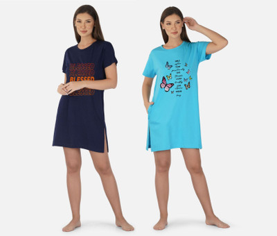DreamBe Women Nightshirts(Dark Blue, Light Blue)