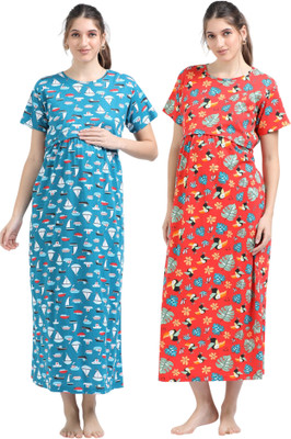 YAZHINI Women Maternity/Nursing Nighty(Red, Blue)