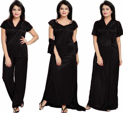DRAYKE Women Solid Black Night Suit Set