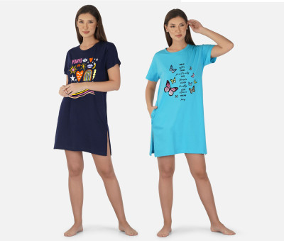 DreamBe Women Nightshirts(Dark Blue, Light Blue)
