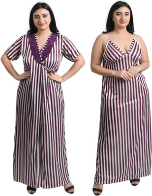 Gwachi Women Nighty with Robe(Purple, White)
