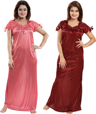 Glam World Women Nighty(Pink, Maroon)